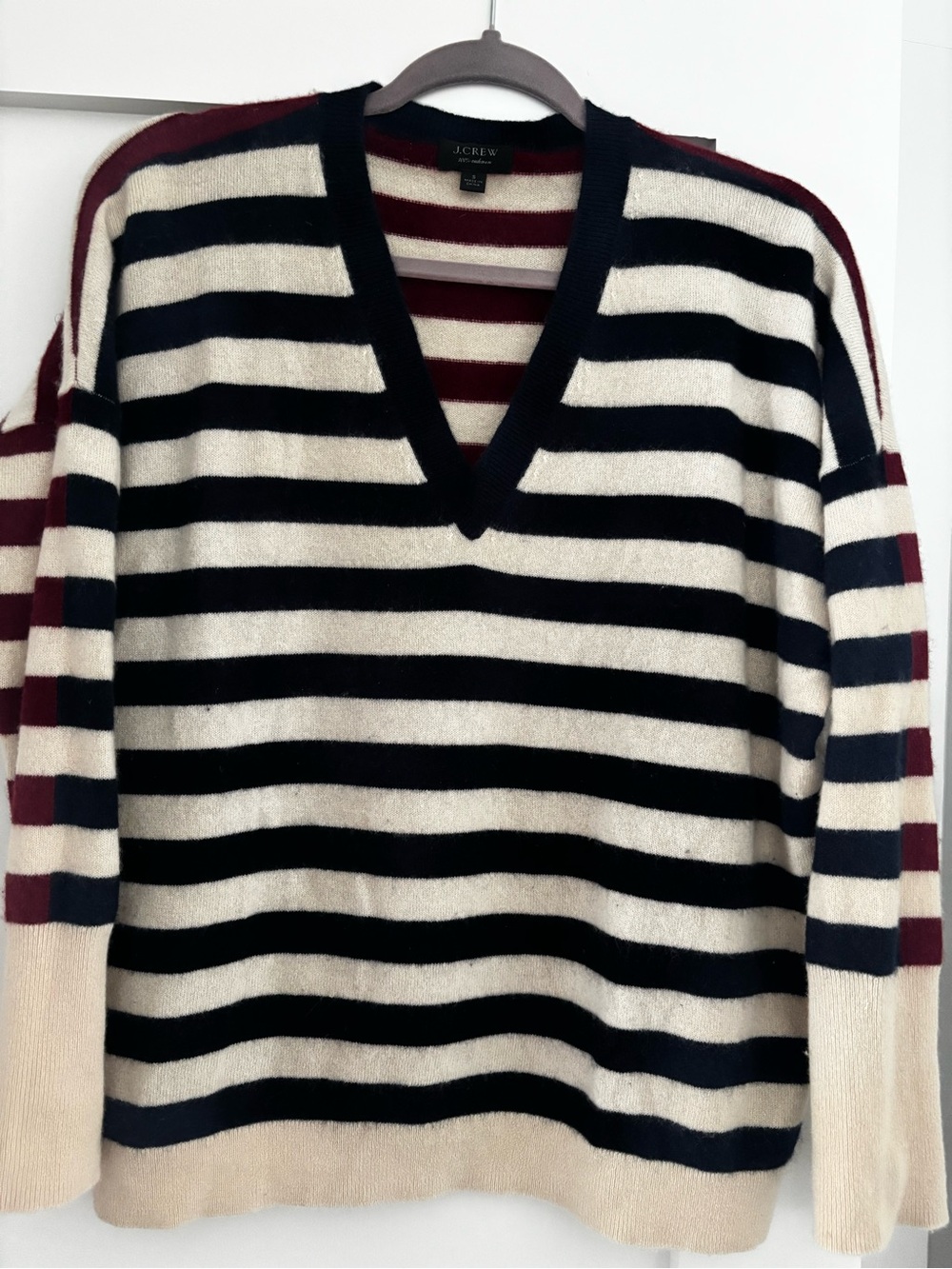 J. Crew Striped V-Neck Sweater in Navy, Cream & Burgundy